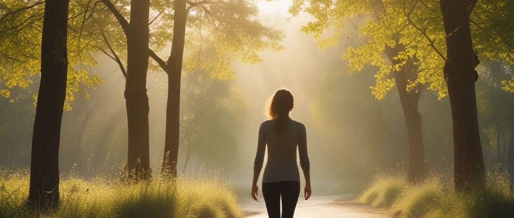 a woman walking down a path in the sun