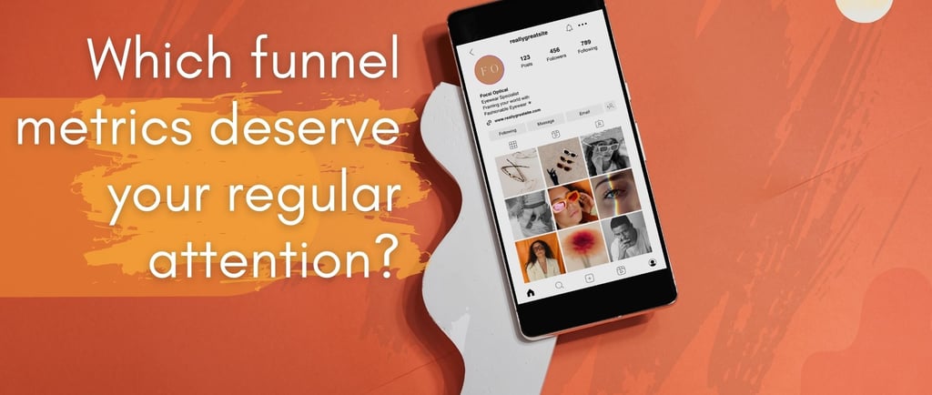 Smartphone showing Instagram profile next to text about funnel metrics and marketing analytics.