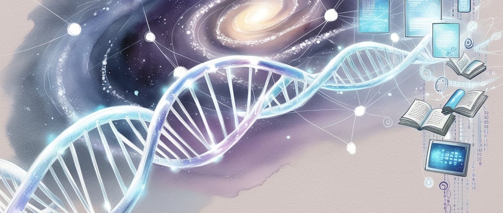 Microscopic DNA strand glowing with digital data inside
