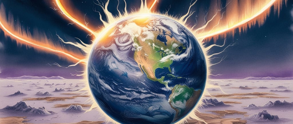 Earth surrounded by glowing magnetic field lines in space
