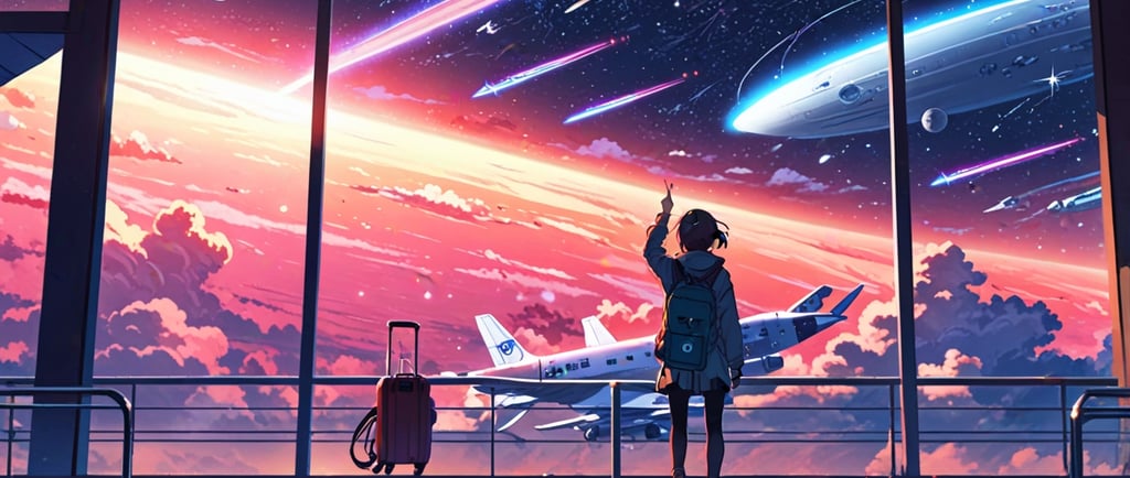 Futuristic spaceport with passengers boarding starships