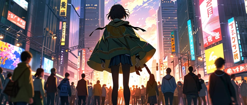 Mysterious glowing figure walking among a modern city crowd