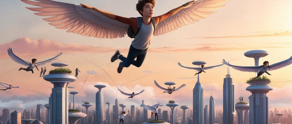 Human with giant wings flying above a futuristic city skyline