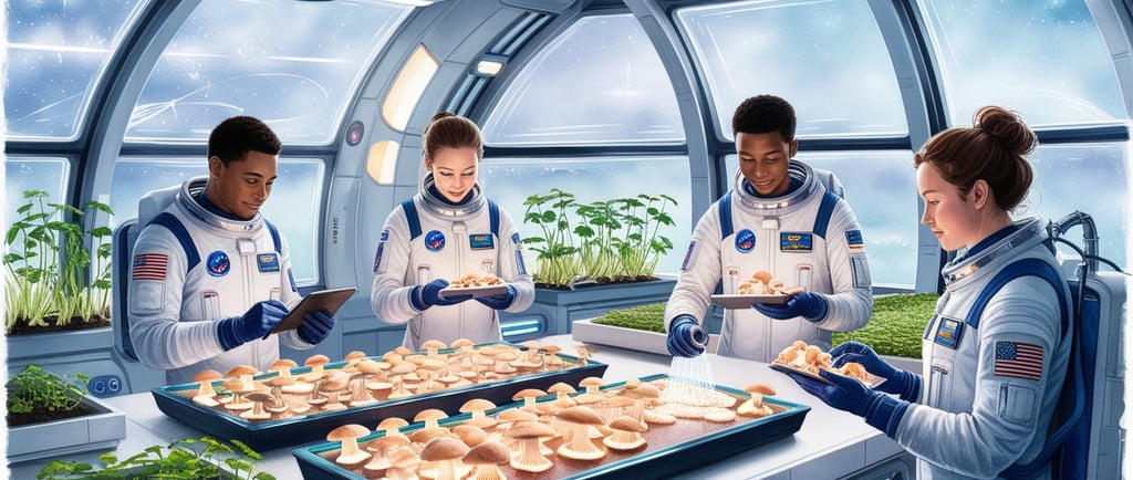 Illustration of mushrooms growing inside a Mars habitat dome