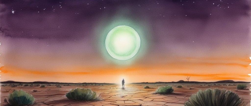 Glowing Min Min Light orb floating over the Australian Outback desert