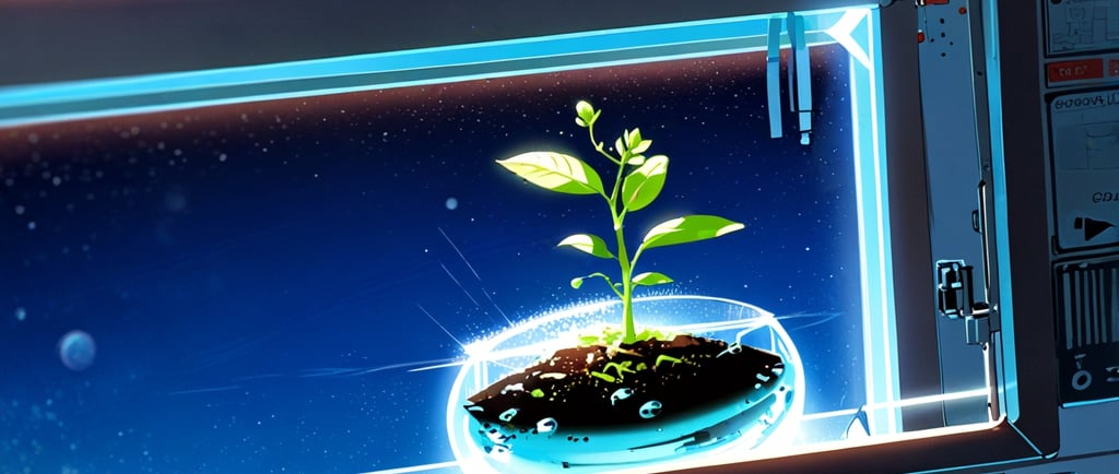 Astronaut tending plants in microgravity chamber