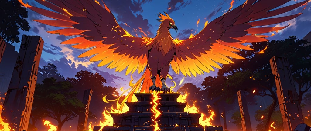 Mythical Phoenix bird rising from flames at dawn