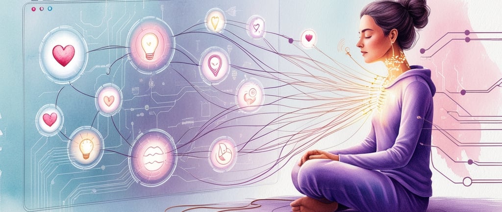 Person plugging into machine to download happiness