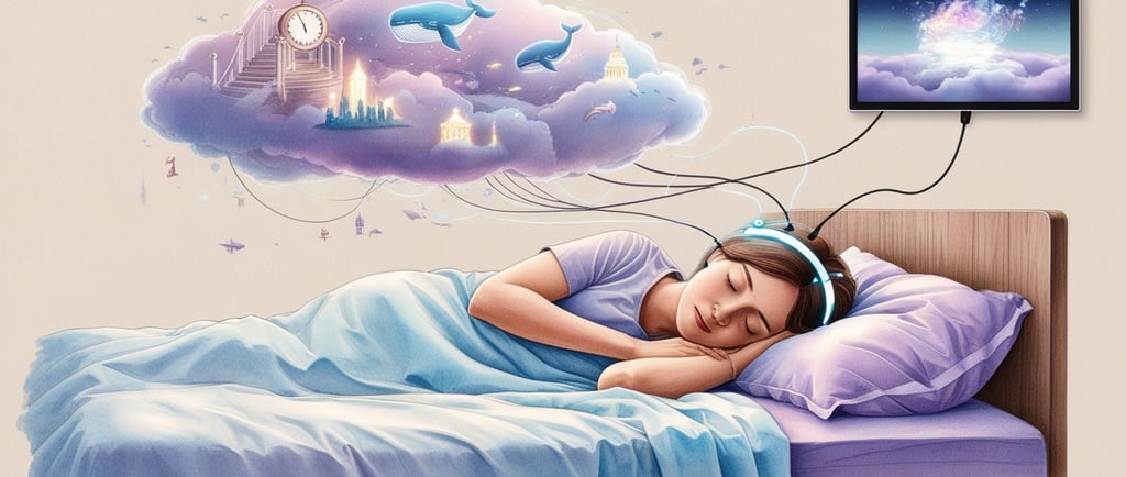 Person sleeping with glowing brain waves turning into a dream video.