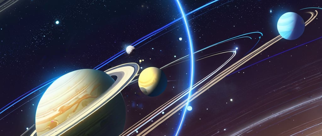 Artistic rendering of Saturn surrounded by dozens of small moons