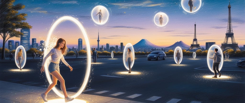 Teleportation pod glowing in futuristic city street