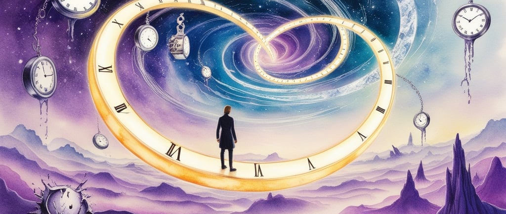 Endless clock faces looping in a surreal spiral