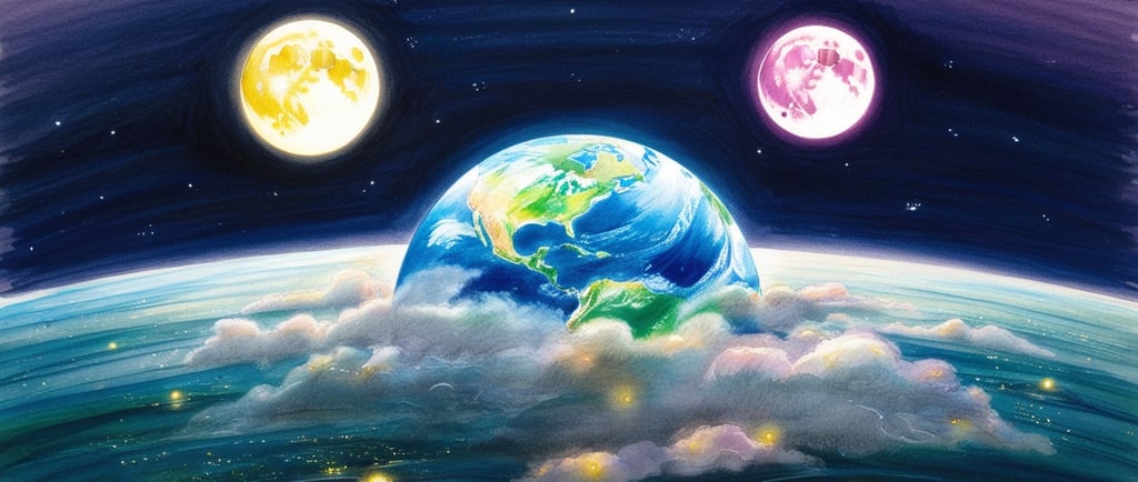 Earth in space with two glowing moons orbiting side by side