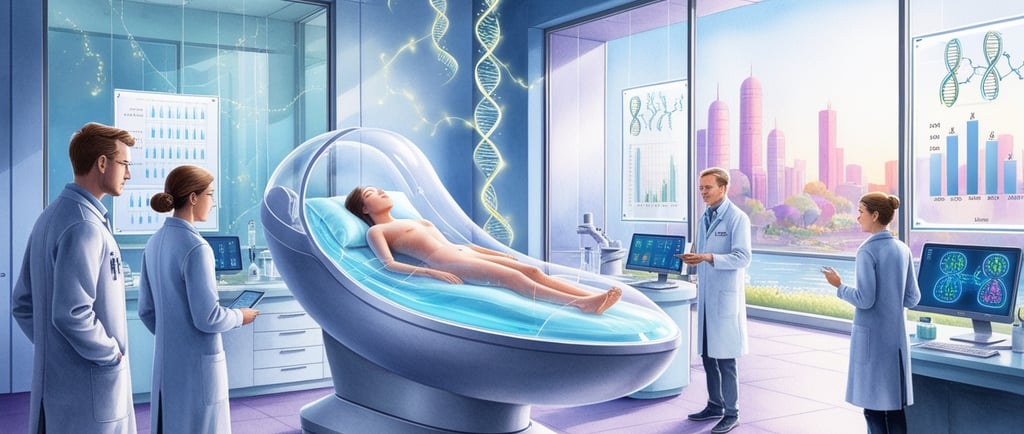 Double helix glowing in futuristic lab, symbolizing life-extension.