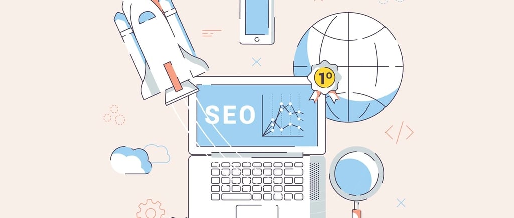 Notebook com ícones associados a SEO