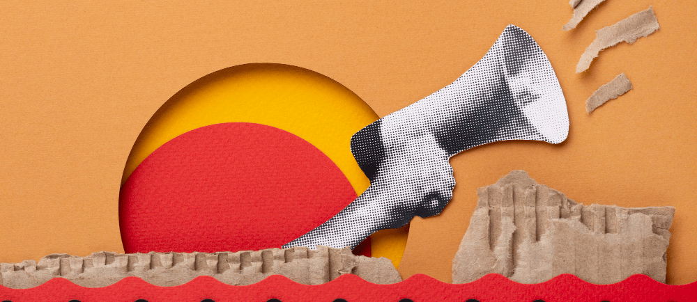 Imagem de sol e de mão segurando megafone