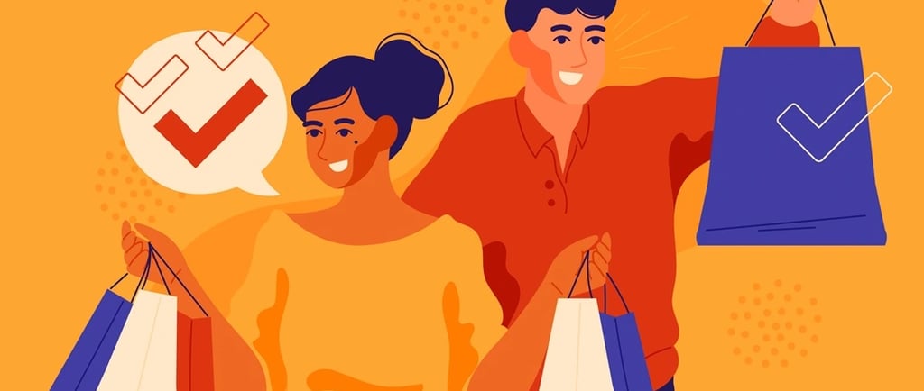 Ilustração de um homem e uma mulher fazendo compras