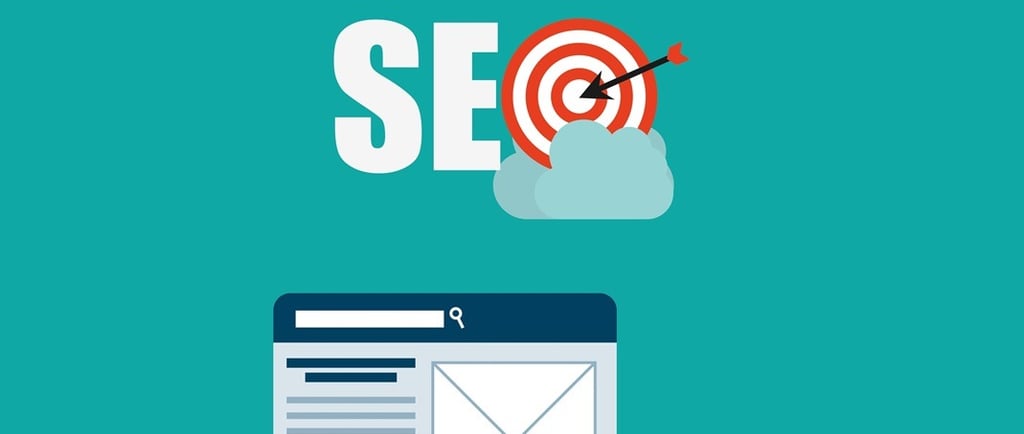 Palavra "SEO" com símbolo de alvo e ícone de página de texto
