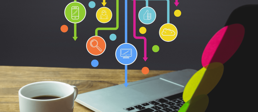Imagem com notebook e com itens associados ao marketing digital