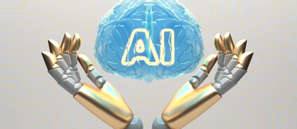 Mãos de robô segurando cérebro com a sigla "AI"