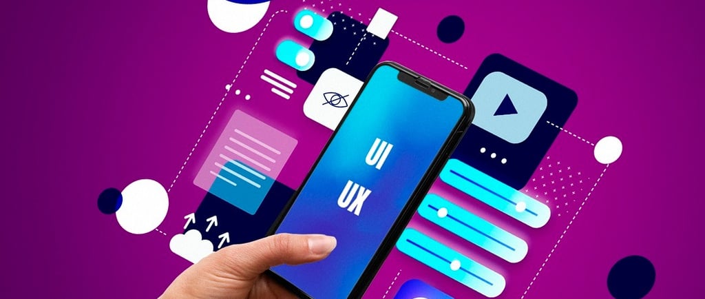 Mão segurando celular e símbolos relacionados à usabilidade de site