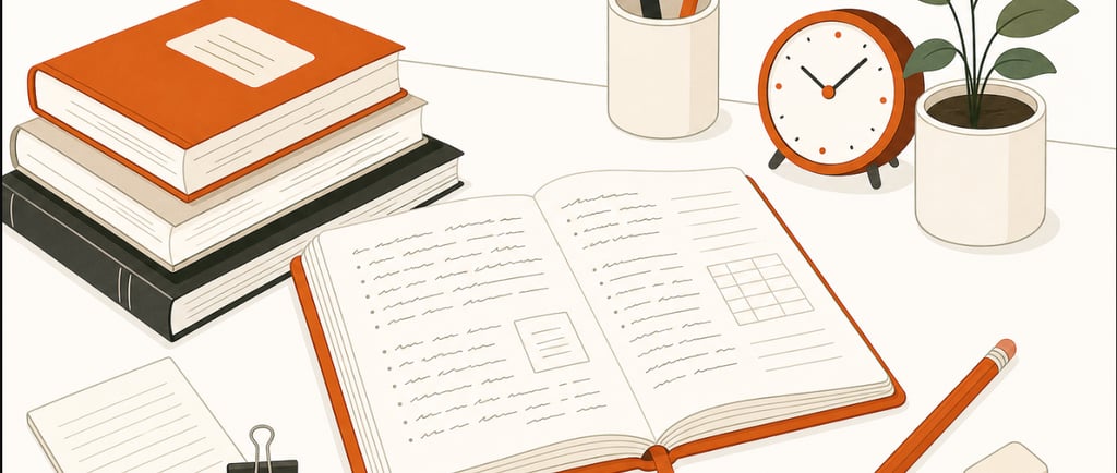 Flat lay illustration of an organized desk with an open notebook, stacked books, and office supplies.