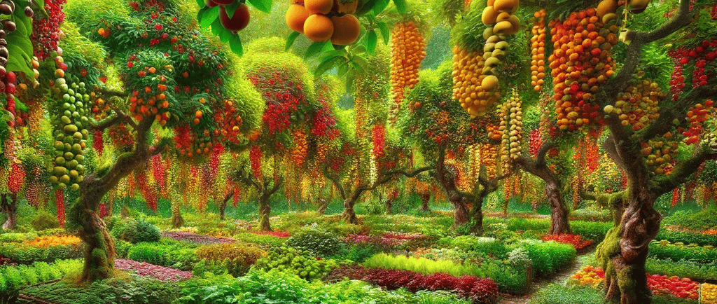 a garden with lots of fruit and vegetables