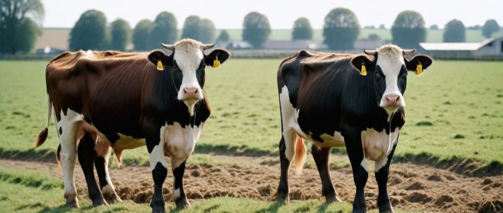 two cows standing in a field with a barn in the background