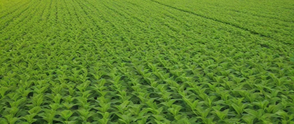 a field of corn stalks and a farm house