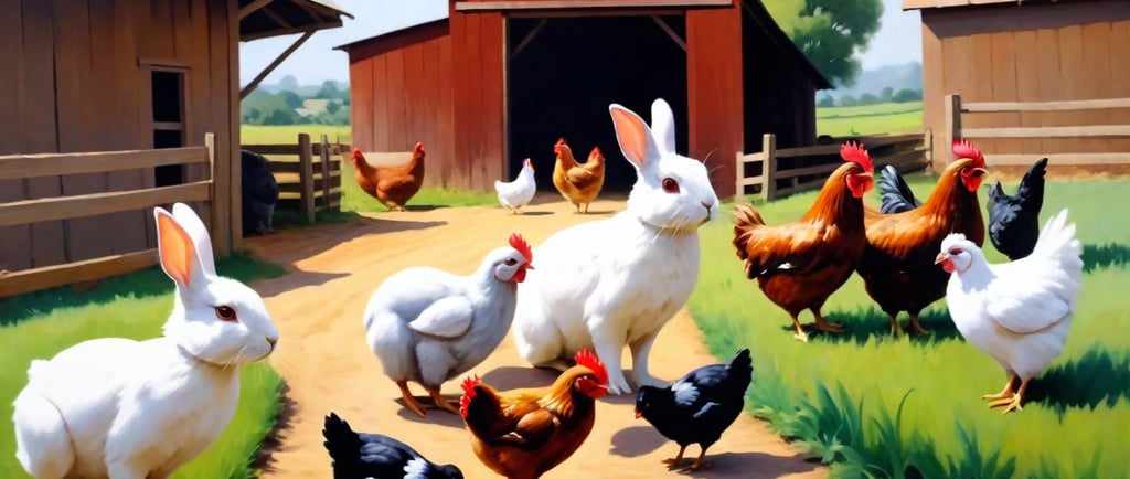 a painting of a rabbit and chickens in a barnyard