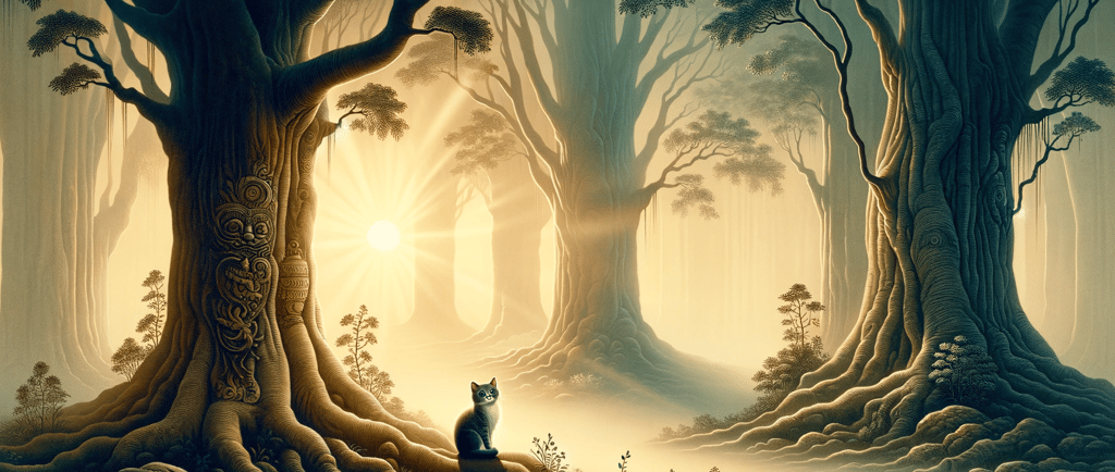 a cat sitting on a tree in a forest