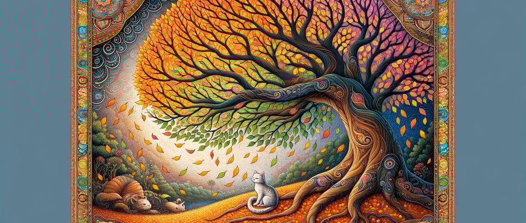 a painting of a cat sitting on a tree