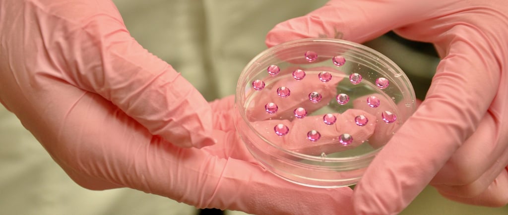 An REU student's hands holding a petrie dish with a polymer.