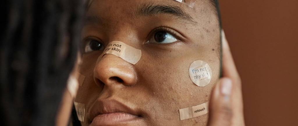 Tamsiaodė mergina su pleistrais ant veido žiūri į veidrodį