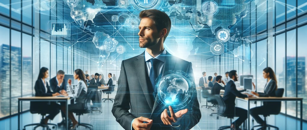 a man in a suit and tie is holding a tablet computer