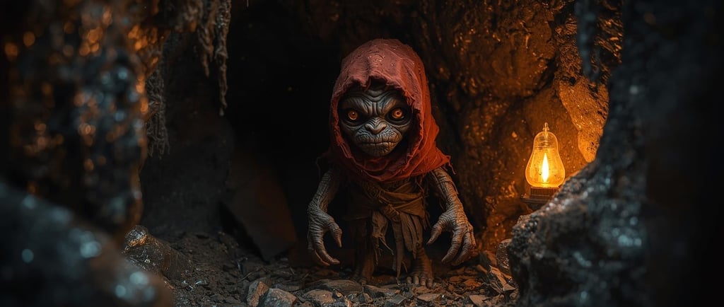 Creatura piccola e deformata, pelle scura e occhi ambrati lucenti