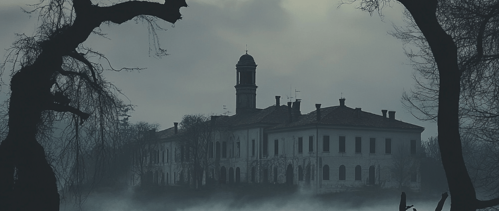 Immagine dell'isola di Poveglia abbandonata in un paesaggio nebbioso.