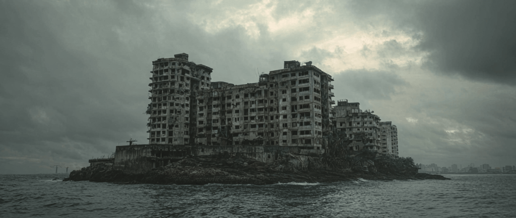 Isola di Hashima con un edificio logoro abbandonato.