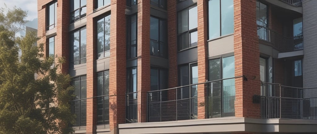 A damaged house is surrounded by a tall black fence with visible tarps and a collapsed roof. The foreground shows a concrete driveway bordered by patches of green grass. In the background, lush green trees stand against a clear blue sky.