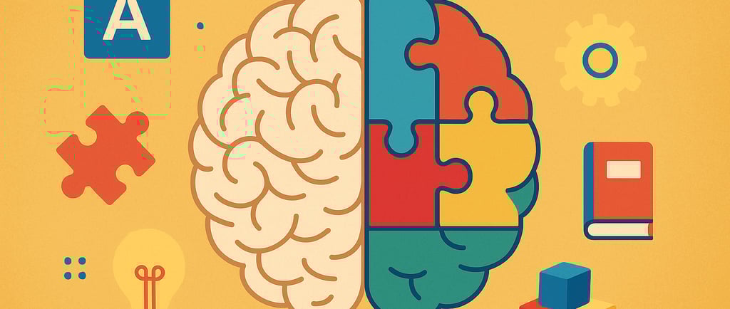 "Uma ilustração conceitual de cérebro com peças de quebra-cabeça coloridas, representando aprendizagem e desenvolvimento cogn