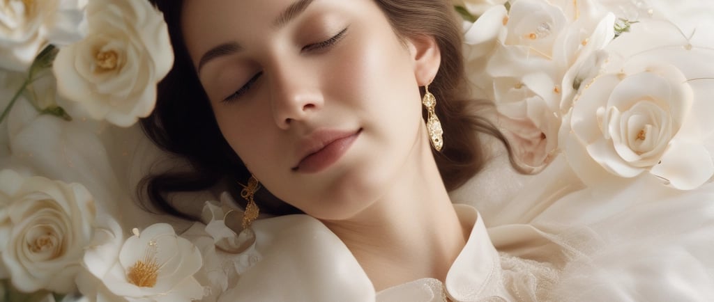 a woman laying down on a bed with flowers