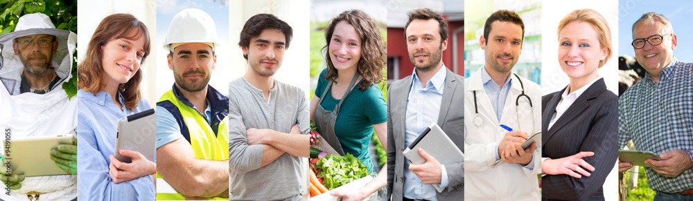 Siedem osób z różnych profesji na oddzielnych kadrach