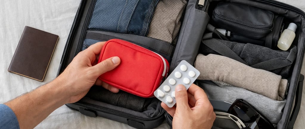 Walizka, ręka, tabletki