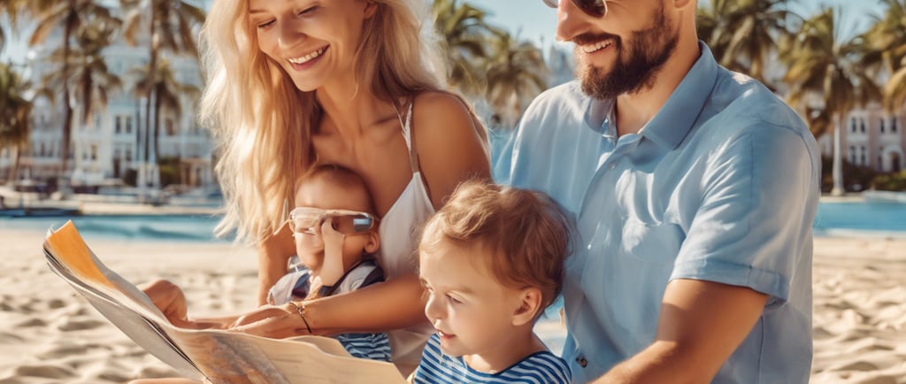 Rodzina 4 osobowa na plaży, siedzi na piasku i czyta