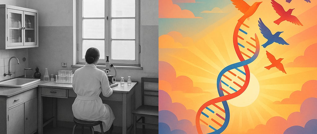 Scientist in laboratory transforms into DNA helix becoming birds at sunrise - Özlem Türeci story