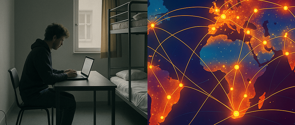 Founder in hostel room transforming into global payment network infrastructure connecting continents