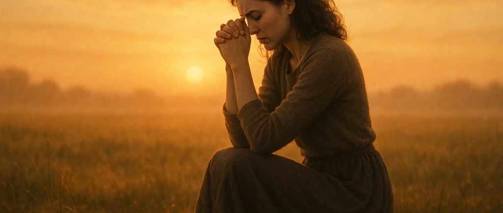 Mulher ajoelhada em oração ao amanhecer em campo aberto.