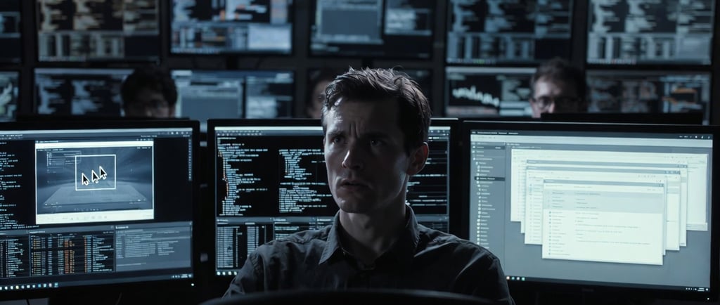 A cybersecurity expert monitors data code on multiple computer screens in a dark network operations center.