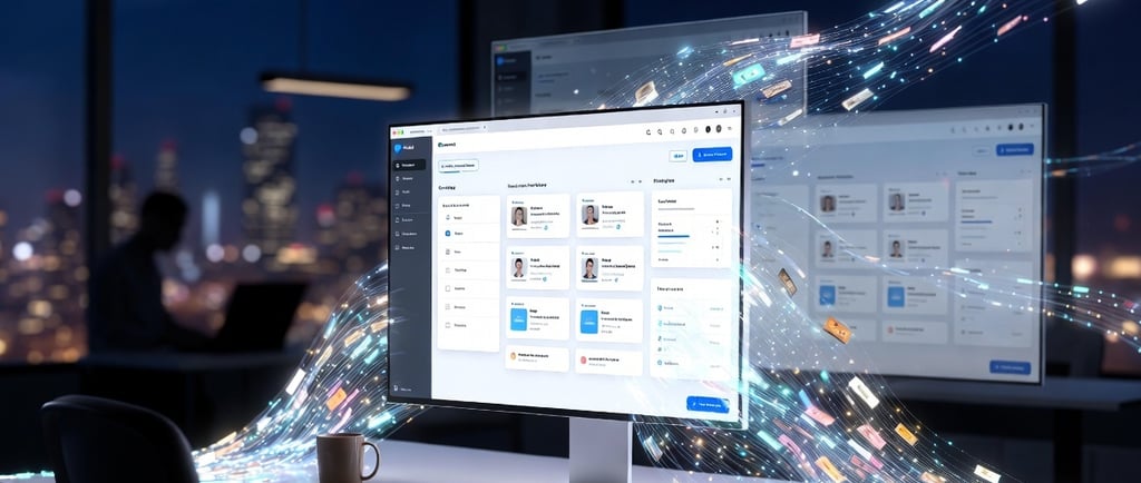Digital data stream flowing through a computer monitor displaying a business management dashboard in a modern office.