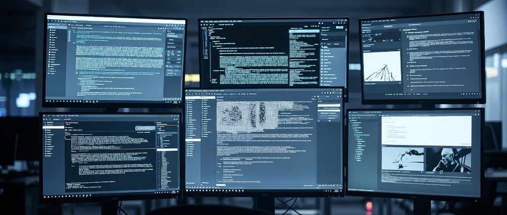 Multi-monitor workstation displaying complex software code and data analytics in a dark room.